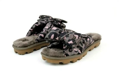 UGG LUSHETTE LEOPARD PUFFER SATIN SHEEPSKIN SLIPPERS SLATE 女式 5 码 US — 第 1/4 张图片