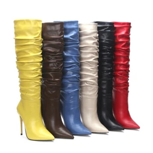 Women's Pointed Toe High Heels Knee High Boots Slouch Pleated Winter Party Shoes - Picture 1 of 14