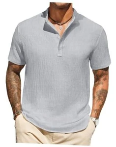 Men's Casual Henley Shirt Short Sleeve Linen Shirt Band Collar 3X-Large Grey - Picture 1 of 7