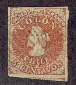 059 CHILE PRIMER NÚMERO SELLO #3 MARCA DE AGUA 3 CUATRO MÁRGENES COLÓN - Imagen 1 de 1