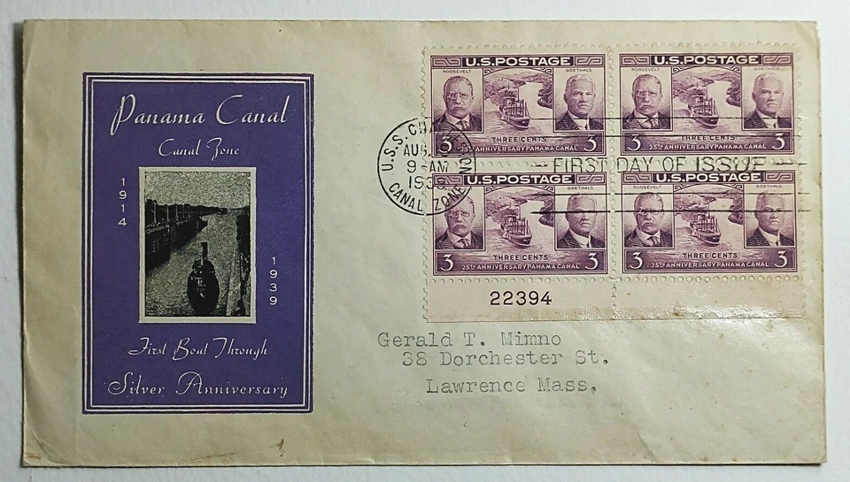 1938 FDC Canal Zone 25th Anv. USS Charleston Ship Cancel Plate Blk. 3c SC #856 - Image 1 of 2