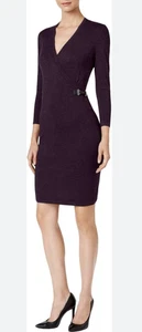 Calvin Klein Dress Womens XL Knit Faux Wrap Belted Side Buckle Midi Career - Picture 1 of 10