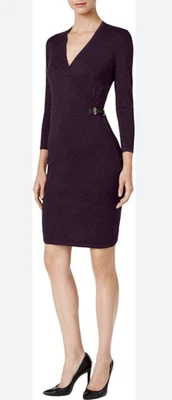 Calvin Klein Dress Womens XL Knit Faux Wrap Belted Side Buckle Midi Career - Image 1 of 4
