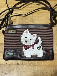 CHALA BURGUNDY STRIPE WHITE WESTIE DOG MINI CROSSBODY CELL PHONE PURSE - Picture 1 of 6