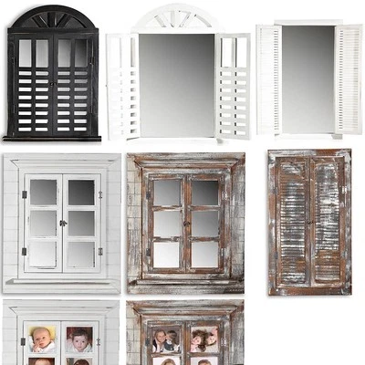 Wandspiegel Deko Spiegel + Fensterladen Shabby Holz Spiegel Rundbogen Landhaus - Bild 1 von 4