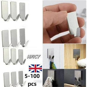 Stainless Steel Hooks & Self Adhesive Strong Silver Sticky Stick On Wall Hook UK - Picture 1 of 5