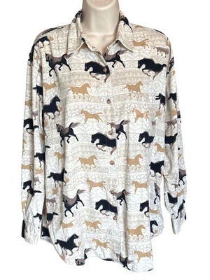 Camisa de Pana Bit & Bridle Damas L Estampado de Caballo Abotonada Western Ranch De Colección Foto 1 de 4