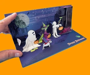 Halloween Panoramic Greeting Card MUMMY witch ghost goblin POP UP and Motion - Picture 1 of 3