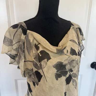 Vintage Papell Silk Blouse Tan Medium Cowl Y2K Fairycore Roses Flutter Sleeve - image 1 of 4
