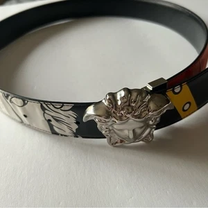 VERSACE MENS REVERSIBLE LEATHER BELT WITH SILVER MEDUSA BUCKLE BLACK/MULTI NWOT - Picture 1 of 15