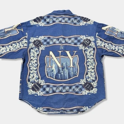 复古 90 年代纽约新奇印花超大布牛仔牛仔衬衫 M — 第 1/4 张图片