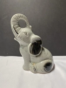 Baby Elephant Figurine Good Luck Trunk Up Sitting Gray Ceramic Statue Nursery - Picture 1 of 12
