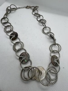 Anne Klein Necklace Y2K Silver tone Circles and Abelone Disc 11" drop - Picture 1 of 4