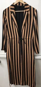 Topshop Stripe Maxi Coat /Jacket size 2 black and brown Tie Front Side Slits - Picture 1 of 3
