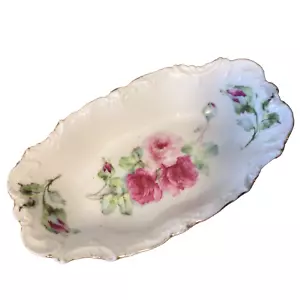 ANTIQUE PORCELAIN RELISH DISH ROSES GOLD ACCENTS 7 1/4” - Picture 1 of 9