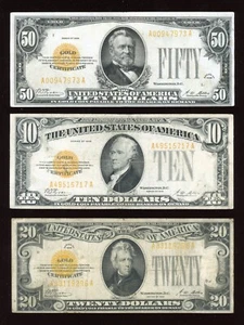 Set of 1928 $50 $20 $10 Gold Certificates Gold Seals Beautiful - Picture 1 of 2