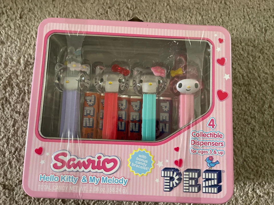 Sanrio Hello Kitty My Melody Pez Dispenser Collectable Mini Tin Lunch Box