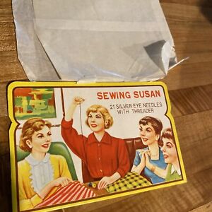 1499 Antique "Sewing Susan" needle book, graphic of sewing ladies/girls sewing