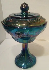 Vintage Iridescent BLUE Carnival Glass 10" Tall COMPOTE Grape Motif Candy Dish - Picture 1 of 9
