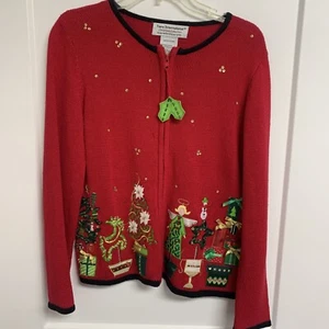 NICE Tiara International Cardigan Trees Sweater Christmas Full Zip Red Sz Medium - Picture 1 of 10