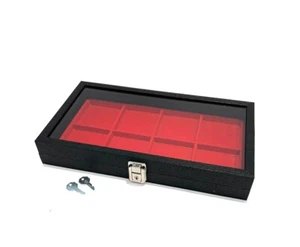 Pocket Watches Key Locking Black Glass Top Lid Red 8 Space Liner Display Case - Picture 1 of 3