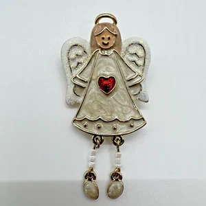 Vintage White Enamel Angel Brooch Dangling Red Heart Gold Tone - Picture 1 of 8