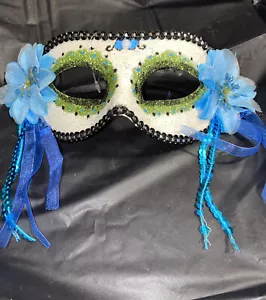 Day of the Dead Mask Dia de los Muertos Masquerade Halloween Blue Floral - Picture 1 of 1