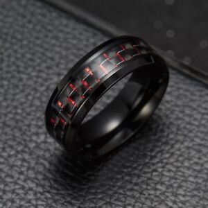  Men's Red or Blue Carbon Fiber Black Titanium Band Ring unisex 7-12 Wedding 