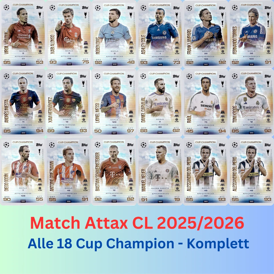 Topps MATCH ATTAX 25/26 Champions League 2025/2026 completo di tutti i 18 coppe campione