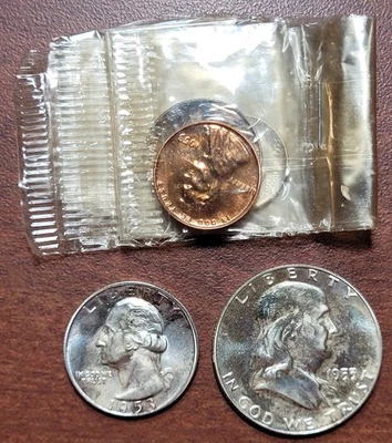 1953 Proof Set No Envelope or Box 1c 5c 10c in Orig Cello 25c 50c flipped - Image 1 of 3