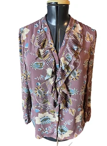 Chico’s 1 Medium Floral Ruffle Front Long Sleeve Blouse Top Mauve Blue Yellow - Bild 1 von 7