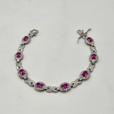 Brazalete de plata de ley de diamantes y zafiros rosas de laboratorio Ross Simons de diseñador 7,25" Foto 1 de 4