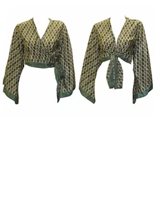 Recycled Crop Top Bell Sleeves Front Knot Wrap Blouse Free Size Up to 16 P61 - Picture 1 of 3