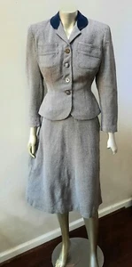 DE COLECCIÓN AÑOS 40 MOD CHEVRON CHAQUETA CUELLO DE TERCIOPELO CHAQUETA FALDA DE LÍNEA TRAJE TALLA M - Imagen 1 de 6