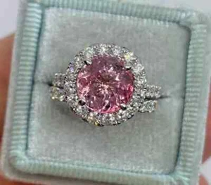 3CT Round Cut Lab Created Pink Tourmaline Halo Wedding Ring 14KWhite Gold Plated - Picture 1 of 8
