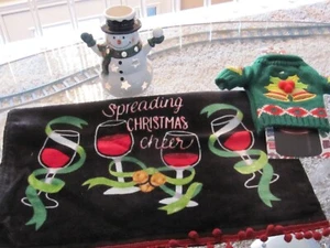 Christmas Kitchen Towel,Ugly Sweater Wine Bottle Cover & Ceramic Snowman Votive - Picture 1 of 9