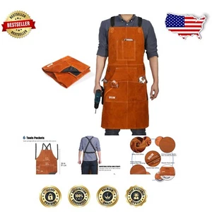 Durable Flame-Resistant Leather Apron with 6 Tool Pockets - Unisex, 24"x36" - Picture 1 of 9