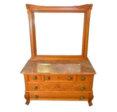 Antique Victorian Marble Top Dresser - Carved Mahogany with Angel Faces #21035 - Image 1 of 4