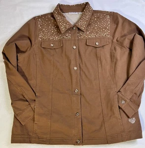 Quacker Factory Brown Womens Jacket Size XL Rhinestones Cotton Stretch Pockets - Picture 1 of 10