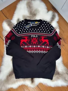 Polo Ralph Lauren Deer Jumper Cotton Cashmere Sweater Red Black Reindeer L Large - Picture 1 of 20