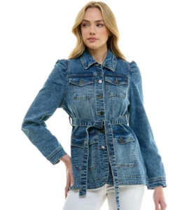 STRETCH SOLIDE DAMEN FREIZEIT DENIM JACKE MIT GÜRTEL, Größe-L, med blau - Bild 1 von 5