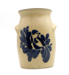Pfaltzgraff Folk Art Utensil Holder Open Crock Blue Bird Floral Tan 6.5" #500 - Picture 1 of 16