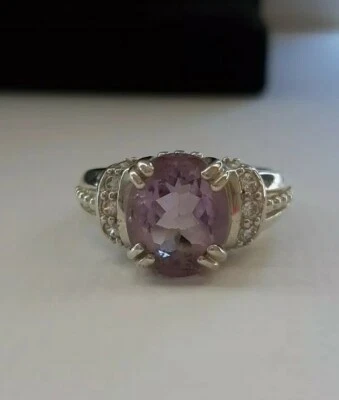 Judith Ripka Sterling Silver Oval Amethyst Estate CZ Ring Size 10 - Image 1 of 4