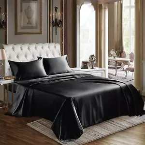 Satin Sheets Queen Size - 4 Piece Black Bed Sheet Set with Silky Microfiber, 1 D - Picture 1 of 12