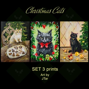 A6 A5 Set Drucke Weihnachten Katze Gemälde mit Baum und Lichtern - Bild 1 von 8