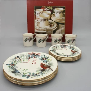 12 Piece Lenox China Winter Greetings Christmas Dinnerware Set Mugs Salad/Desert - Picture 1 of 12