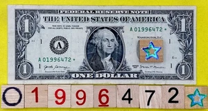 Star Note 1996 Year Note A 01996472 * Fancy Serial Number $1 Dollar Bill DC FRN - Picture 1 of 7