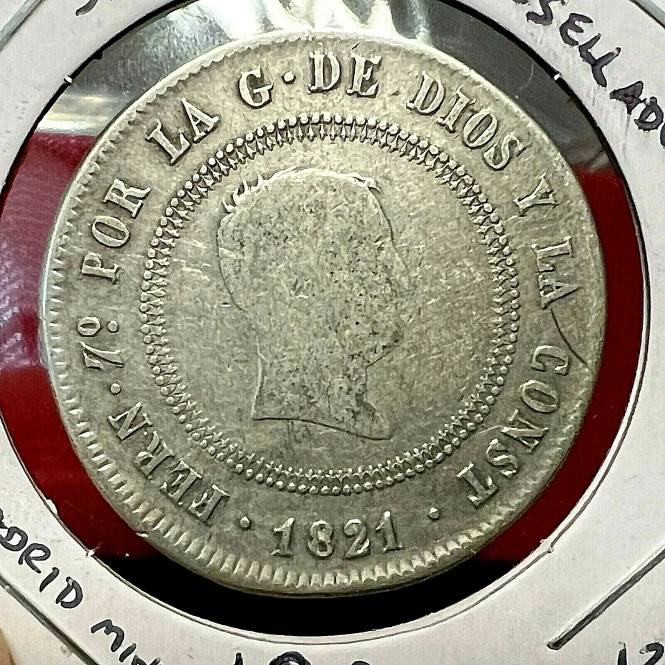 1821 SPAIN SILVER 10 REALES RESELLADO VERY SCARCE  CROWN COIN - Image 1 of 2