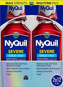 Nyquil SEVERE Cold, Flu, and Congestion Medicine, 2X12 Fl Oz Twin Pack - Picture 1 of 8