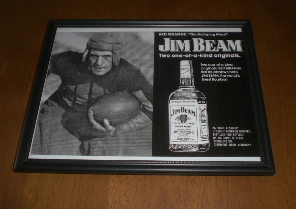 JIM BEAM BOURBON & RED GRANGE THE GALLOPING GHOST FRAMED B&W AD PRINT - Image 1 of 1